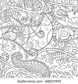 Tracery seamless pattern. Mehndi design. Ethnic monochrome binary doodle texture. Curved doodling black and white background. Vector