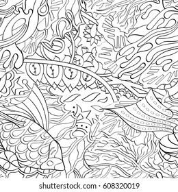 Tracery seamless pattern. Mehndi design. Ethnic monochrome binary doodle texture. Curved doodling black and white background. Vector