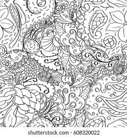 Tracery seamless pattern. Mehndi design. Ethnic monochrome binary doodle texture. Curved doodling black and white background. Vector