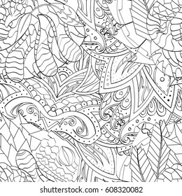 Tracery seamless pattern. Mehndi design. Ethnic monochrome binary doodle texture. Curved doodling black and white background. Vector