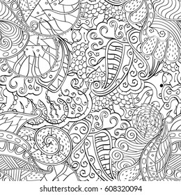 Tracery seamless pattern. Mehndi design. Ethnic monochrome binary doodle texture. Curved doodling black and white background. Vector