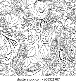 Tracery seamless pattern. Mehndi design. Ethnic monochrome binary doodle texture. Curved doodling black and white background. Vector