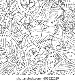 Tracery seamless pattern. Mehndi design. Ethnic monochrome binary doodle texture. Curved doodling black and white background. Vector