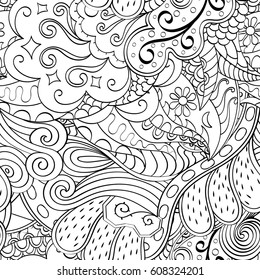 Tracery seamless pattern. Mehndi design. Ethnic monochrome binary doodle texture. Curved doodling black and white background. Vector