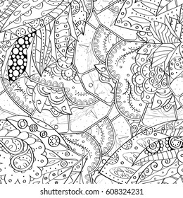 Tracery seamless pattern. Mehndi design. Ethnic monochrome binary doodle texture. Curved doodling black and white background. Vector