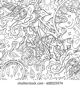 Tracery seamless pattern. Mehndi design. Ethnic monochrome binary doodle texture. Curved doodling black and white background. Vector