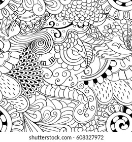 Tracery seamless pattern. Mehndi design. Ethnic monochrome binary doodle texture. Curved doodling black and white background. Vector