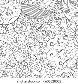 Tracery seamless pattern. Mehndi design. Ethnic monochrome binary doodle texture. Curved doodling black and white background. Vector