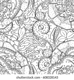 Tracery seamless pattern. Mehndi design. Ethnic monochrome binary doodle texture. Curved doodling black and white background. Vector