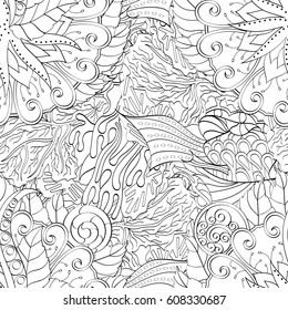Tracery seamless pattern. Mehndi design. Ethnic monochrome binary doodle texture. Curved doodling black and white background. Vector