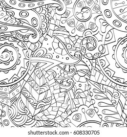 Tracery seamless pattern. Mehndi design. Ethnic monochrome binary doodle texture. Curved doodling black and white background. Vector