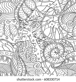 Tracery seamless pattern. Mehndi design. Ethnic monochrome binary doodle texture. Curved doodling black and white background. Vector