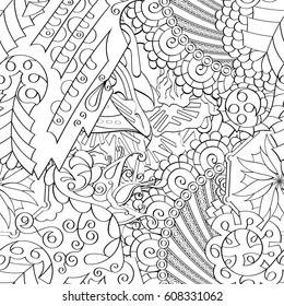Tracery seamless pattern. Mehndi design. Ethnic monochrome binary doodle texture. Curved doodling black and white background. Vector