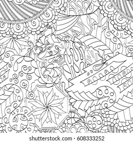 Tracery seamless pattern. Mehndi design. Ethnic monochrome binary doodle texture. Curved doodling black and white background. Vector