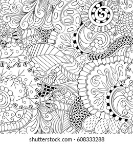 Tracery seamless pattern. Mehndi design. Ethnic monochrome binary doodle texture. Curved doodling black and white background. Vector