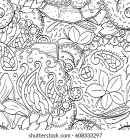 Tracery seamless pattern. Mehndi design. Ethnic monochrome binary doodle texture. Curved doodling black and white background. Vector
