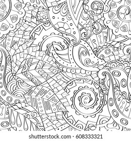 Tracery seamless pattern. Mehndi design. Ethnic monochrome binary doodle texture. Curved doodling black and white background. Vector