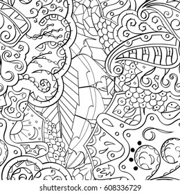 Tracery seamless pattern. Mehndi design. Ethnic monochrome binary doodle texture. Curved doodling black and white background. Vector