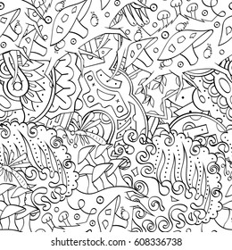 Tracery seamless pattern. Mehndi design. Ethnic monochrome binary doodle texture. Curved doodling black and white background. Vector