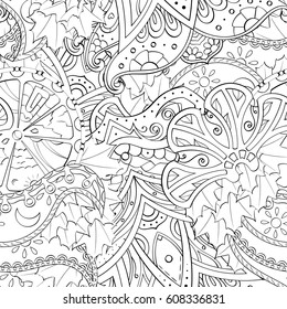 Tracery seamless pattern. Mehndi design. Ethnic monochrome binary doodle texture. Curved doodling black and white background. Vector