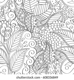 Tracery seamless pattern. Mehndi design. Ethnic monochrome binary doodle texture. Curved doodling black and white background. Vector