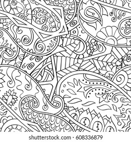 Tracery seamless pattern. Mehndi design. Ethnic monochrome binary doodle texture. Curved doodling black and white background. Vector