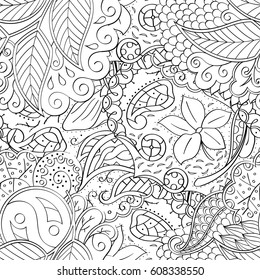 Tracery seamless pattern. Mehndi design. Ethnic monochrome binary doodle texture. Curved doodling black and white background. Vector