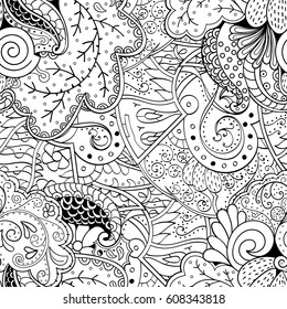 Tracery seamless pattern. Mehndi design. Ethnic monochrome binary doodle texture. Curved doodling black and white background. Vector