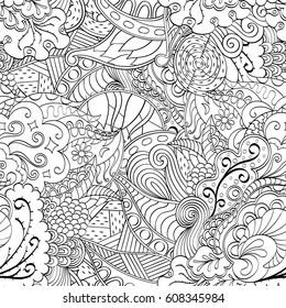 Tracery seamless pattern. Mehndi design. Ethnic monochrome binary doodle texture. Curved doodling black and white background. Vector