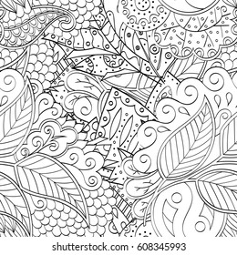 Tracery seamless pattern. Mehndi design. Ethnic monochrome binary doodle texture. Curved doodling black and white background. Vector
