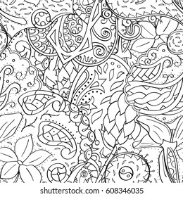 Tracery seamless pattern. Mehndi design. Ethnic monochrome binary doodle texture. Curved doodling black and white background. Vector
