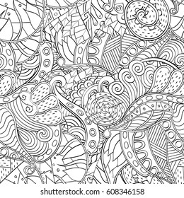 Tracery seamless pattern. Mehndi design. Ethnic monochrome binary doodle texture. Curved doodling black and white background. Vector
