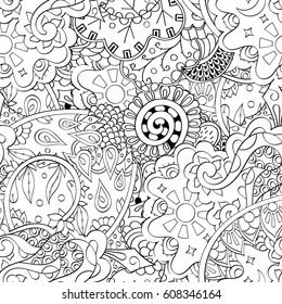 Tracery seamless pattern. Mehndi design. Ethnic monochrome binary doodle texture. Curved doodling black and white background. Vector