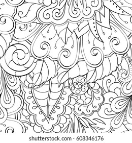 Tracery seamless pattern. Mehndi design. Ethnic monochrome binary doodle texture. Curved doodling black and white background. Vector
