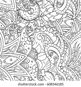 Tracery seamless pattern. Mehndi design. Ethnic monochrome binary doodle texture. Curved doodling black and white background. Vector