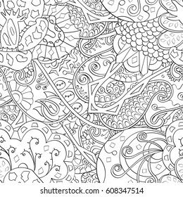 Tracery seamless pattern. Mehndi design. Ethnic monochrome binary doodle texture. Curved doodling black and white background. Vector