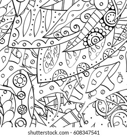 Tracery seamless pattern. Mehndi design. Ethnic monochrome binary doodle texture. Curved doodling black and white background. Vector