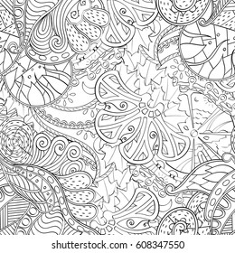 Tracery seamless pattern. Mehndi design. Ethnic monochrome binary doodle texture. Curved doodling black and white background. Vector