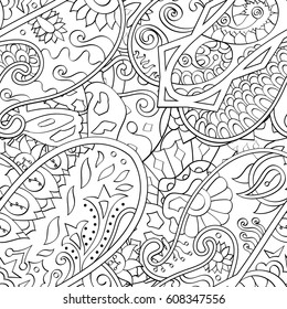 Tracery seamless pattern. Mehndi design. Ethnic monochrome binary doodle texture. Curved doodling black and white background. Vector