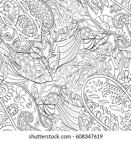 Tracery seamless pattern. Mehndi design. Ethnic monochrome binary doodle texture. Curved doodling black and white background. Vector