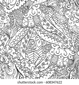 Tracery seamless pattern. Mehndi design. Ethnic monochrome binary doodle texture. Curved doodling black and white background. Vector