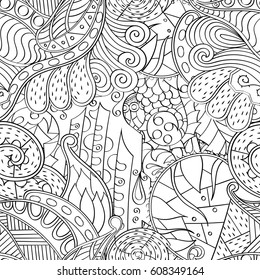 Tracery seamless pattern. Mehndi design. Ethnic monochrome binary doodle texture. Curved doodling black and white background. Vector