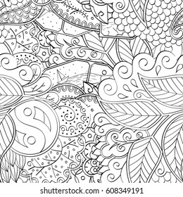 Tracery seamless pattern. Mehndi design. Ethnic monochrome binary doodle texture. Curved doodling black and white background. Vector