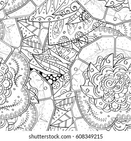 Tracery seamless pattern. Mehndi design. Ethnic monochrome binary doodle texture. Curved doodling black and white background. Vector