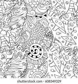 Tracery seamless pattern. Mehndi design. Ethnic monochrome binary doodle texture. Curved doodling black and white background. Vector