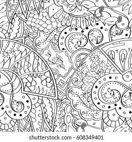 Tracery seamless pattern. Mehndi design. Ethnic monochrome binary doodle texture. Curved doodling black and white background. Vector