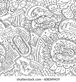 Tracery seamless pattern. Mehndi design. Ethnic monochrome binary doodle texture. Curved doodling black and white background. Vector
