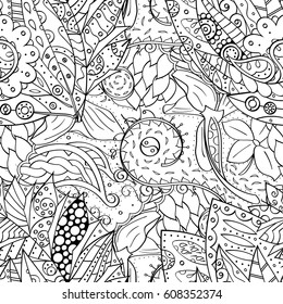Tracery seamless pattern. Mehndi design. Ethnic monochrome binary doodle texture. Curved doodling black and white background. Vector