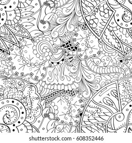 Tracery seamless pattern. Mehndi design. Ethnic monochrome binary doodle texture. Curved doodling black and white background. Vector