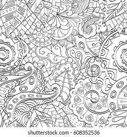 Tracery seamless pattern. Mehndi design. Ethnic monochrome binary doodle texture. Curved doodling black and white background. Vector